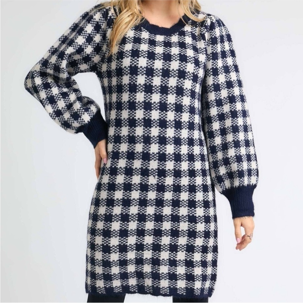 ADORA Navy and White Checkered Sweater Dress SMALL